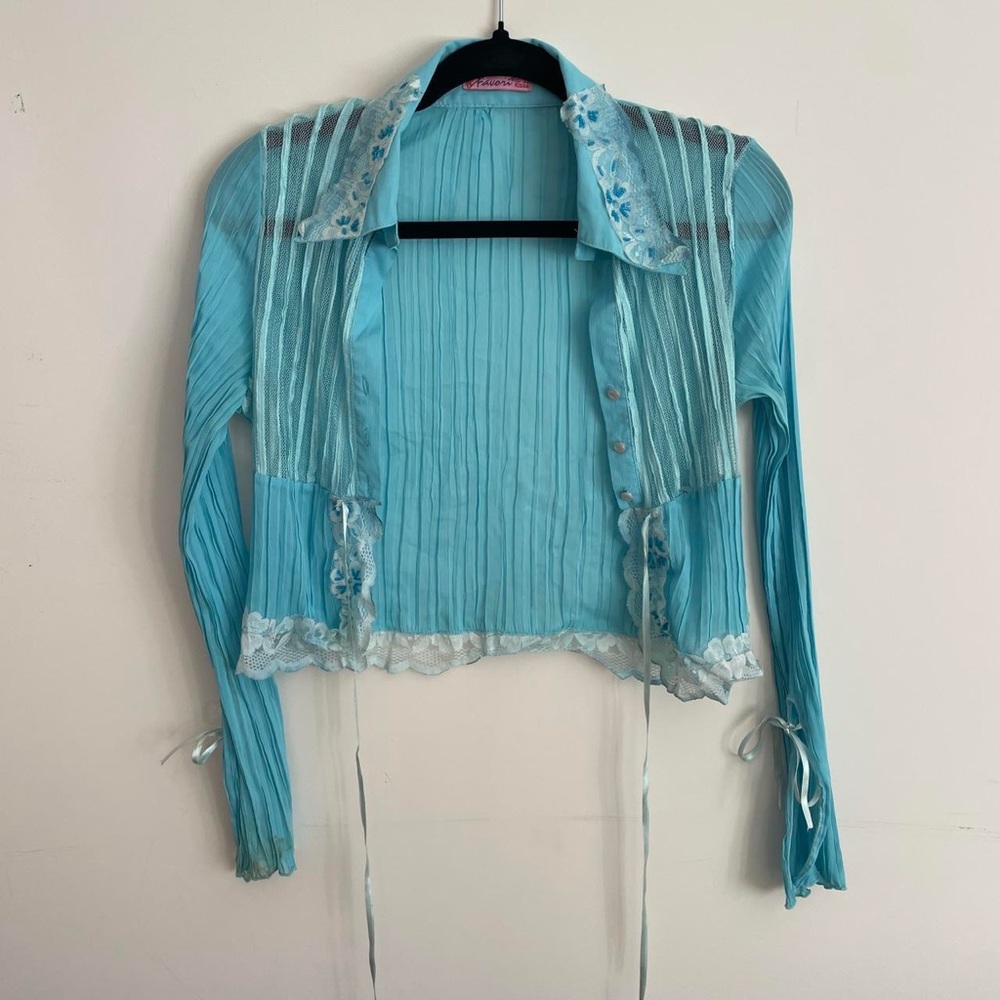 *SOLD - do not purchase* Vintage Y2K turquoise blue coquette plissé top / blouse - Picture 2 of 6